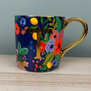 Anthropologie x Rifle Paper Co T Initial Mug Boho Floral Blue Coffee Cup Anthro